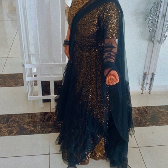 Black and Gold Ruffle Lengha - Picture 2 of 3